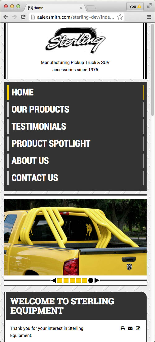 Sterling Equipment website, home page on mobile